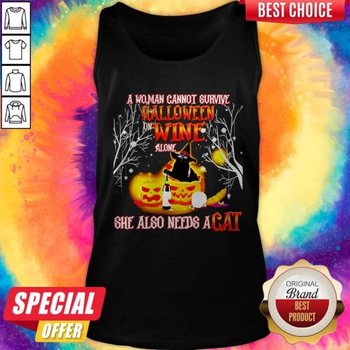 A Woman Cannot Survive Halloween Wine Alone She Also Needs A Cat Tank Top