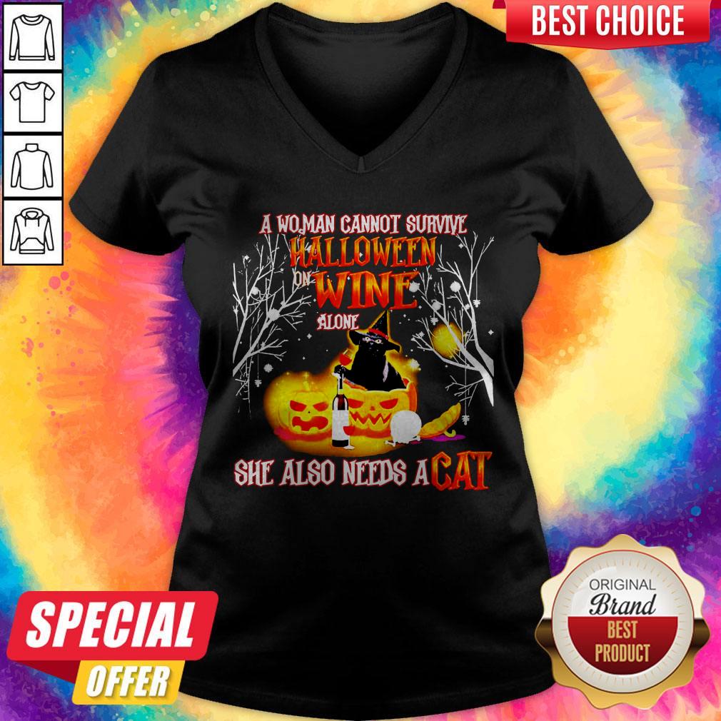 A Woman Cannot Survive Halloween Wine Alone She Also Needs A Cat V-neck
