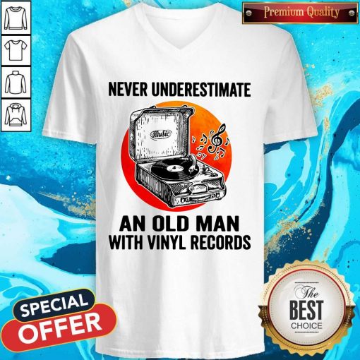 Never Underestimate An Old Man With Vinyl Records Moon V-neck
