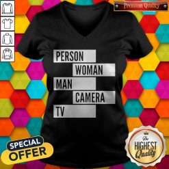 Person Woman Man Camera TV Words V-neck