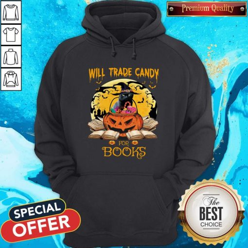 Halloween Cat Witch Will Trade Candy For Books Moon Hoodie