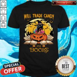 Halloween Cat Witch Will Trade Candy For Books Moon Shirt