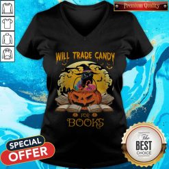 Halloween Cat Witch Will Trade Candy For Books Moon V-neck