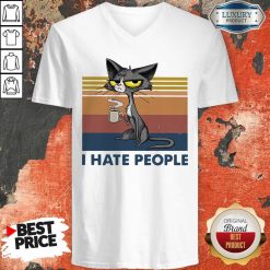 Black Cat Coffee I Hate Morning People And People Vintage Retro V-neck