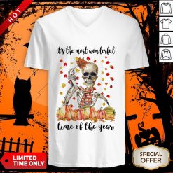 Halloween Skeleton It’s The Most Wonderful The Year Maples Leaves V-neckHalloween Skeleton It’s The Most Wonderful The Year Maples Leaves V-neck