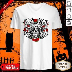 The Mexican Black Sugar Skull And Roses Day Of The Dead Muertos V-neck