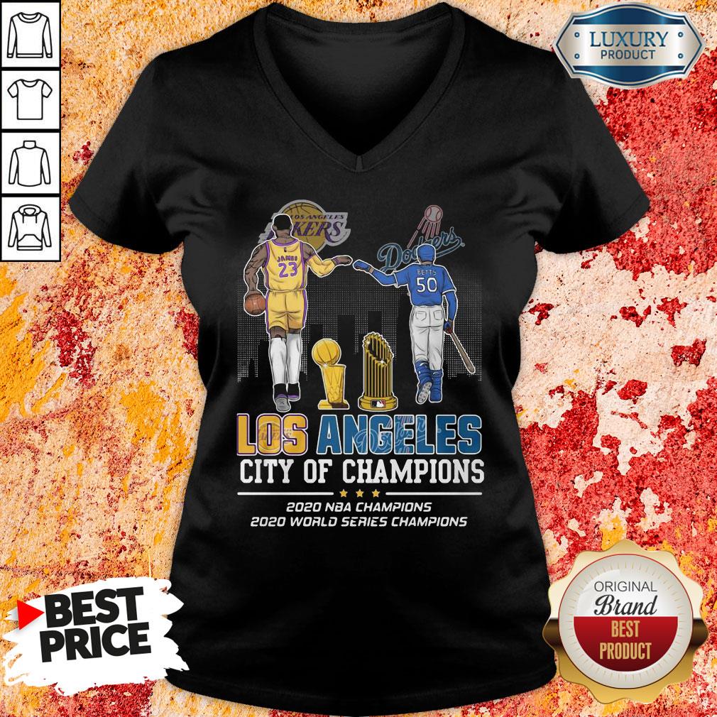 Funny Los Angeles Lakers And Dodgers City Of Champions 2020 NBA Champions 2020 World Series Champions V-neck -Design By Soyatees.com