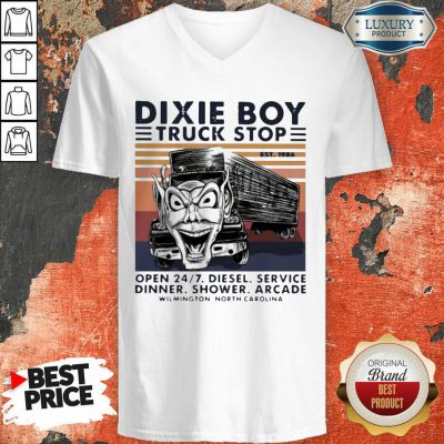 Vintage Dixie Boy Truck Stop Open 247 Diesel Service Dinner Shower Arcade Wilmington North Carolina V-neck-Design By Soyatees.com