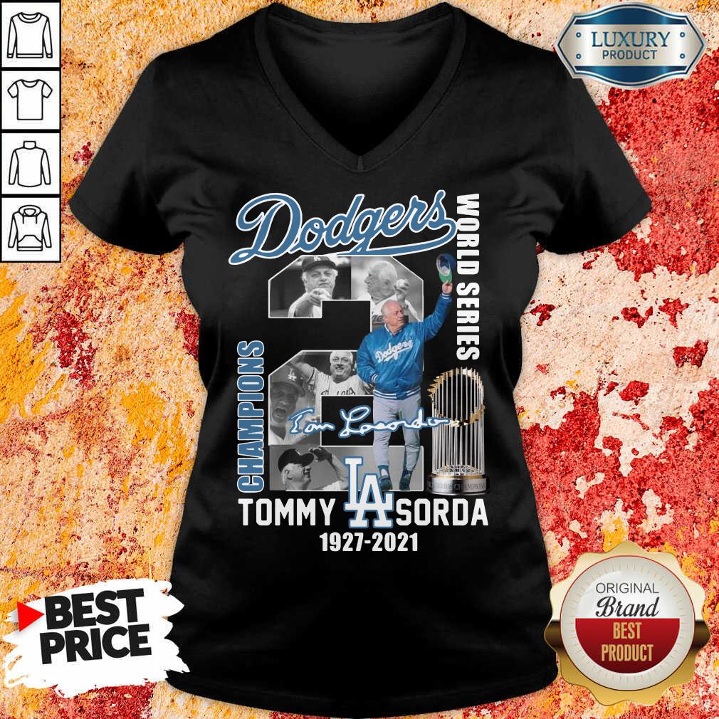 Horrified LA Dodgers World Series Champions 2 Tommy Lasorda V-neck - Design by Soyatees.com
