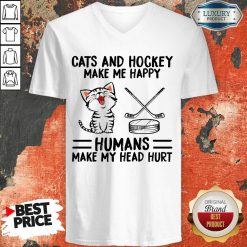 Top Cats And Hockey Make Me Happy Humans Make My Head Hurt V-Neck